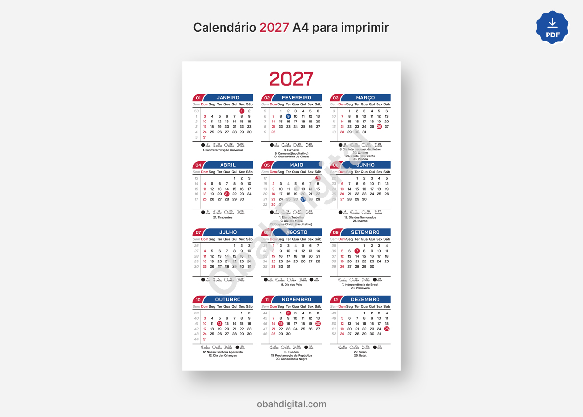 Arquivo Digital Calendário 2027 A4 para Imprimir