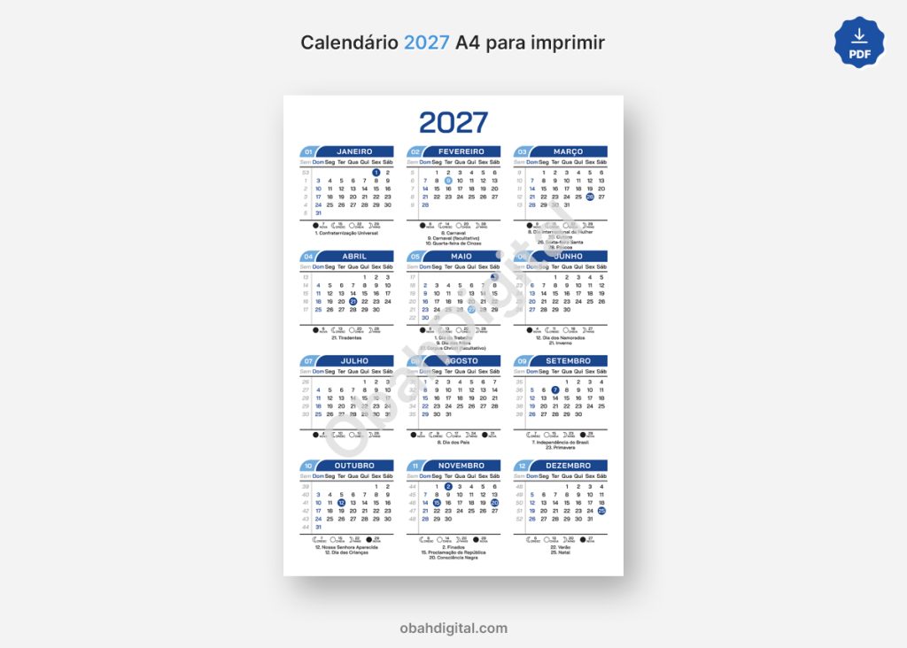 Arquivo Digital Calendário 2027 A4 para Imprimir