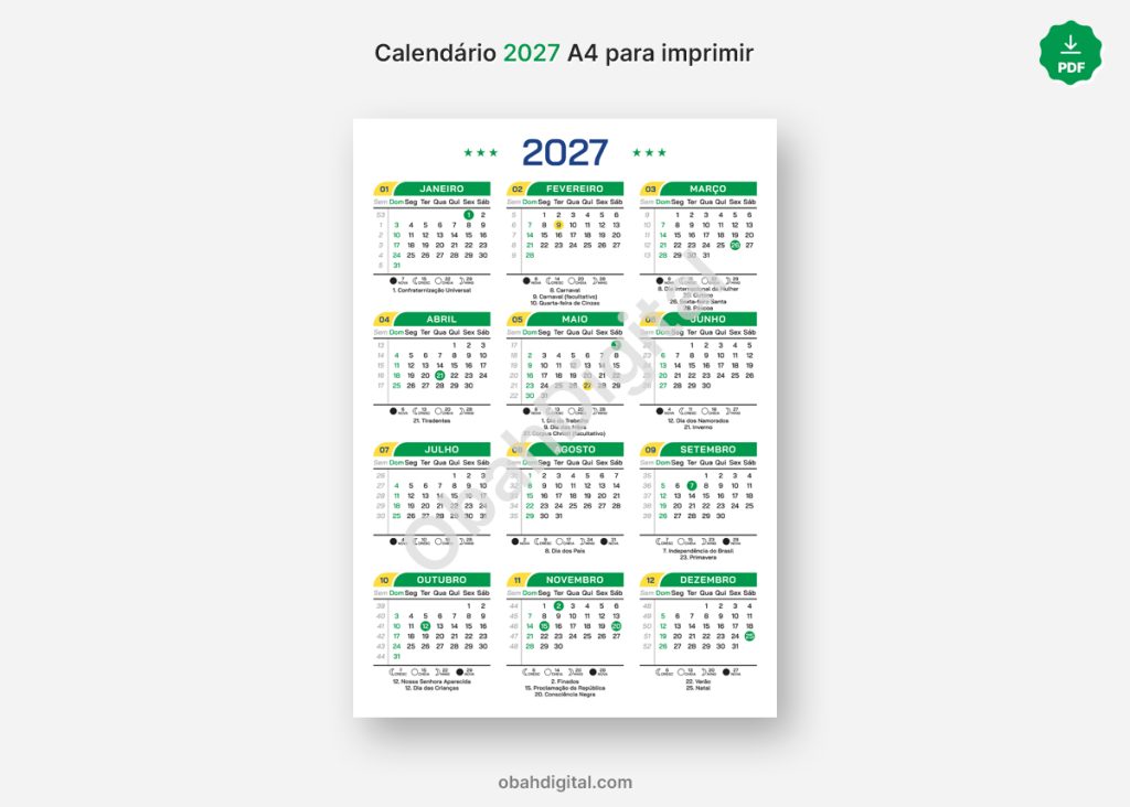 Arquivo Digital Calendário 2027 A4 para Imprimir