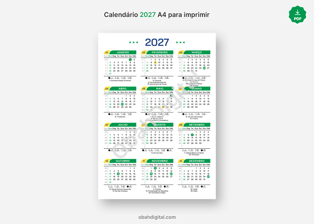 Arquivo Digital Calendário 2027 A4 para Imprimir
