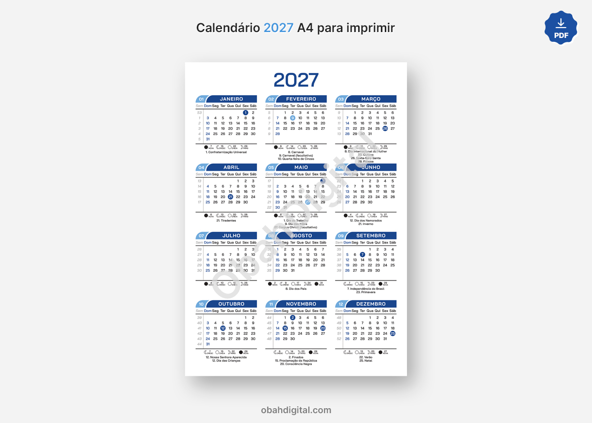 Arquivo Digital Calendário 2027 A4 para Imprimir
