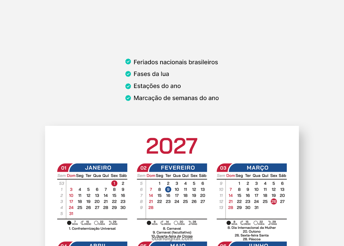 Arquivo Digital Calendário 2027 A4 para Imprimir