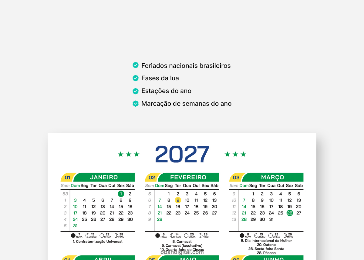 Arquivo Digital Calendário 2027 A4 para Imprimir