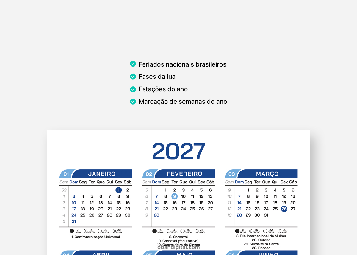 Arquivo Digital Calendário 2027 A4 para Imprimir