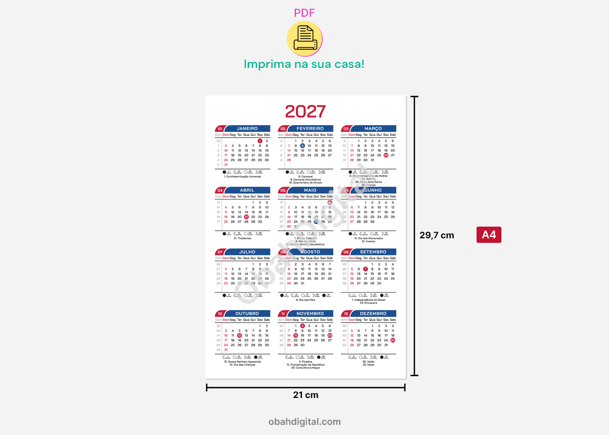 Arquivo Digital Calendário 2027 A4 para Imprimir
