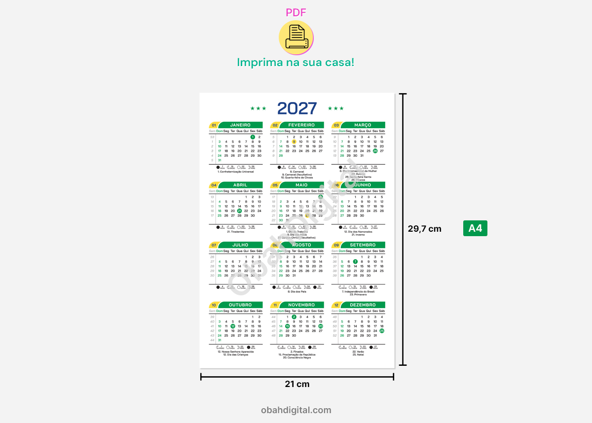 Arquivo Digital Calendário 2027 A4 para Imprimir