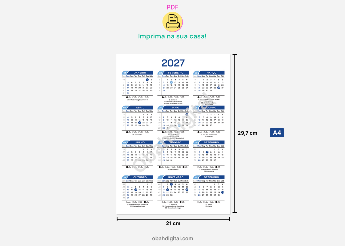 Arquivo Digital Calendário 2027 A4 para Imprimir